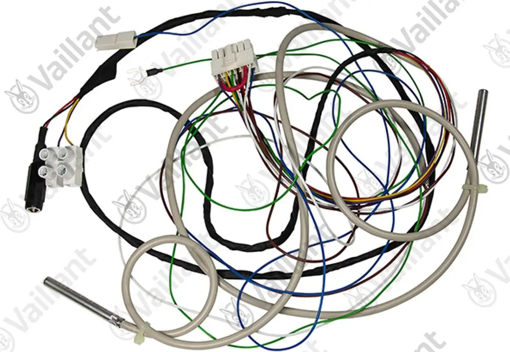 Kabelbaum mit mehreren Drähten und Verbindungssteckern, hauptsächlich für Heizungs- oder Wärmetechnik, erkennbar als Zubehör von Vaillant.
